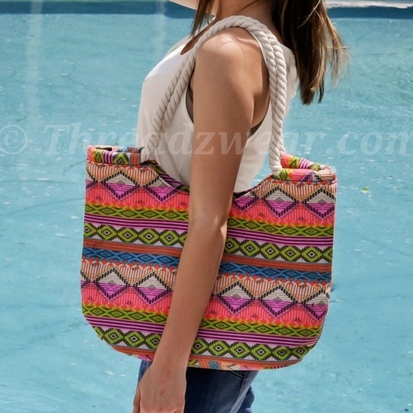 ❌SOLD in Bundle❌Aztec Southwestern Canvas Rope Handle Tote Beach Bag Summer NEW - Picture 7 of 7